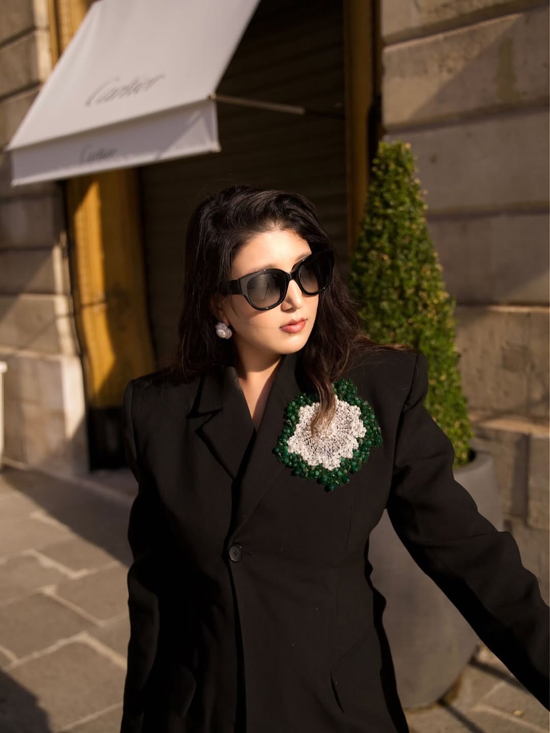 BLACK BLAZER EMBELLISHED WITH HAND EMBROIDERED FLORAL MOTIFS PAIRED WITH FLARED TROUSER