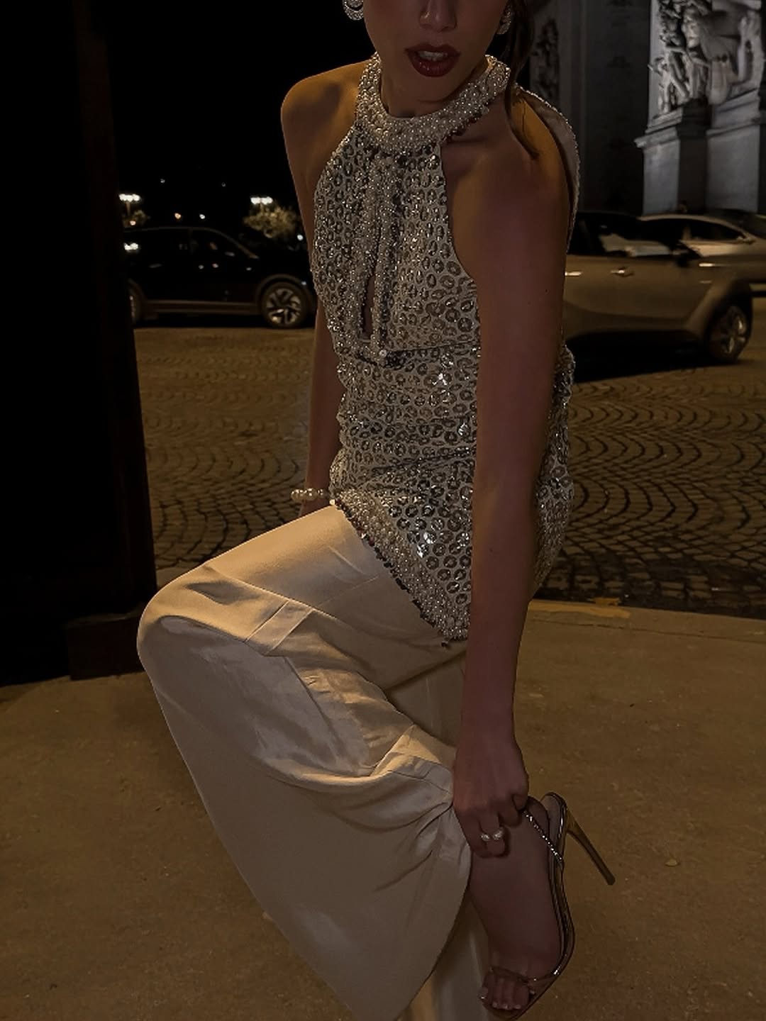IVORY HALTER NECK TOP WITH WIDE LEG PANTS