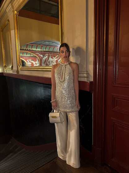 IVORY HALTER NECK TOP WITH WIDE LEG PANTS