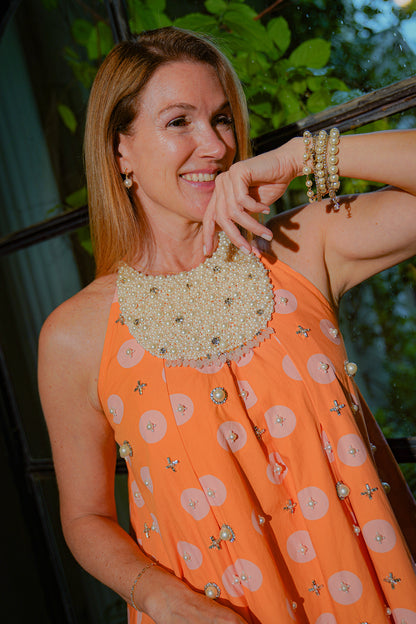 Pearl Neckpiece Mini Halter Polka Dress