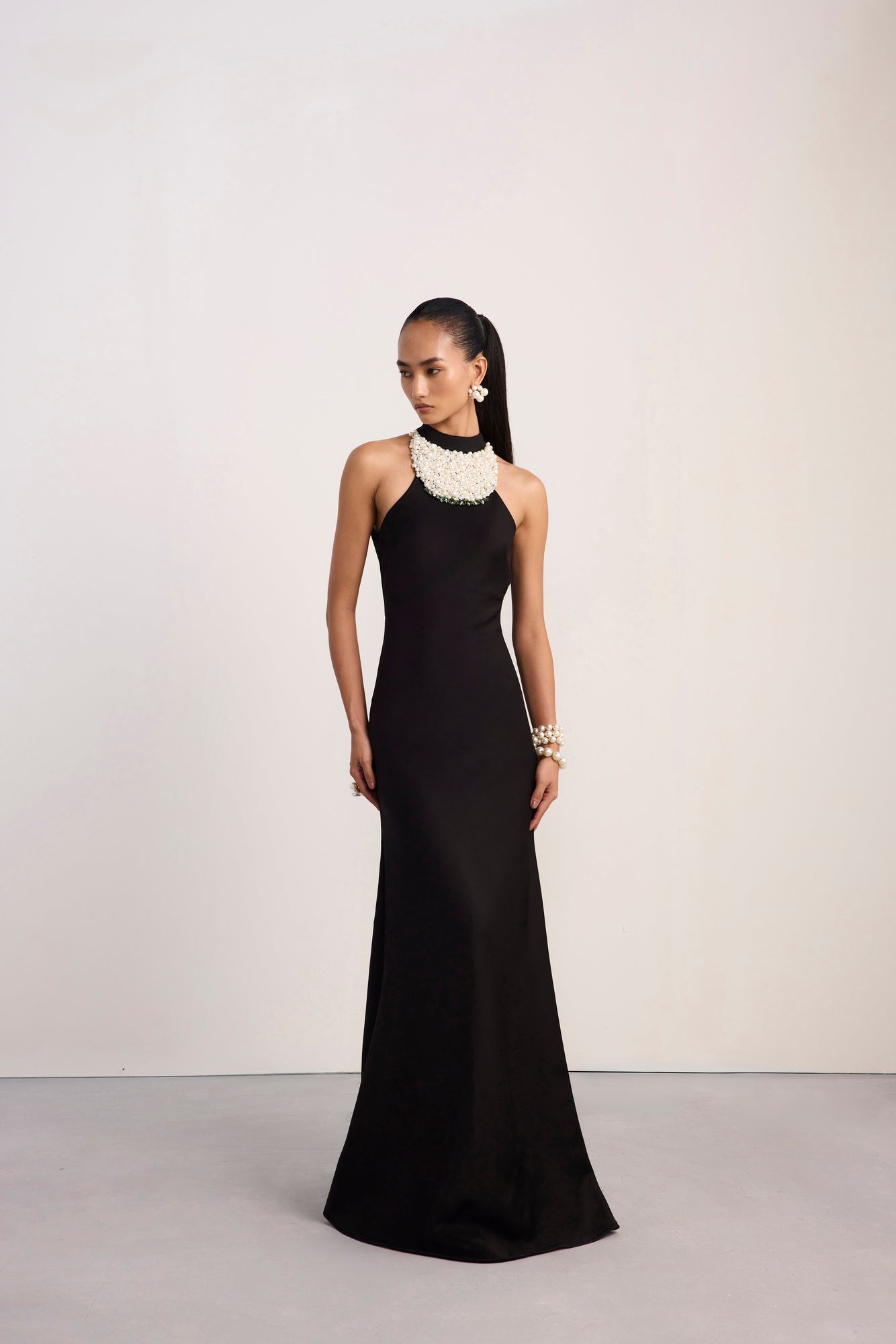 Pearl Bib Neck Halter Gown