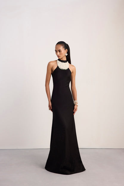 Pearl Bib Neck Halter Gown