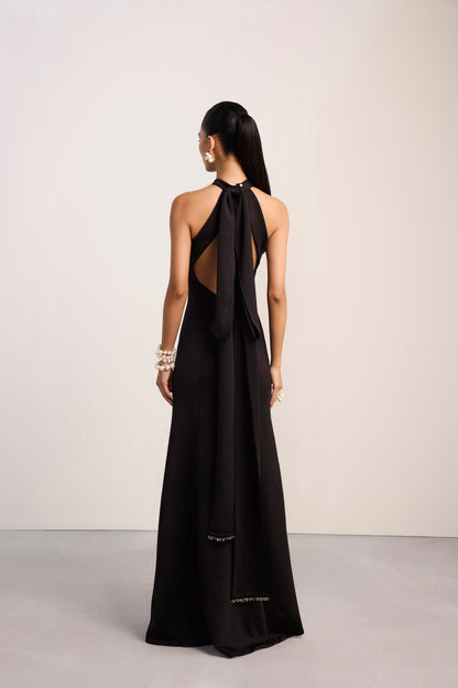 Pearl Bib Neck Halter Gown