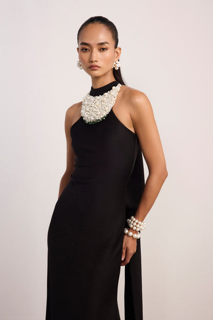 Pearl Bib Neck Halter Gown