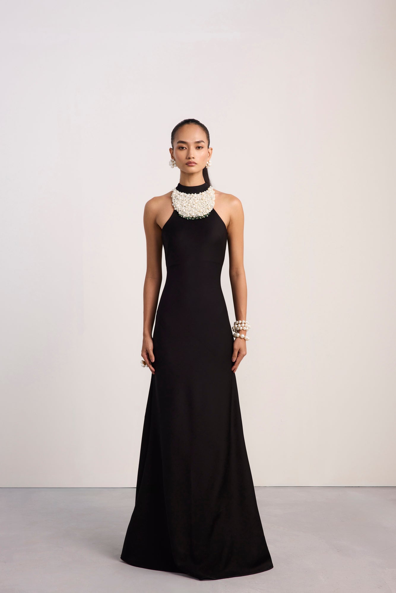 Pearl Bib Neck Halter Gown
