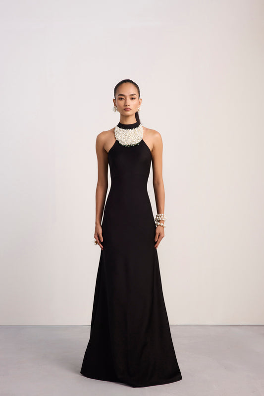 Pearl Bib Neck Halter Gown