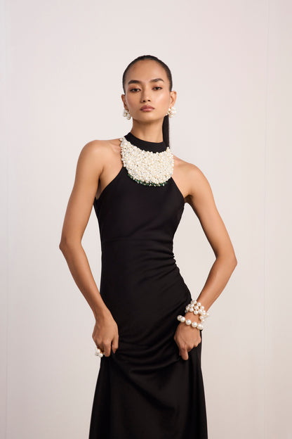 Pearl Bib Neck Halter Gown