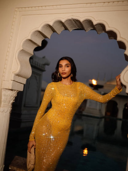 Embroidered Yellow Long Sleeve Dress