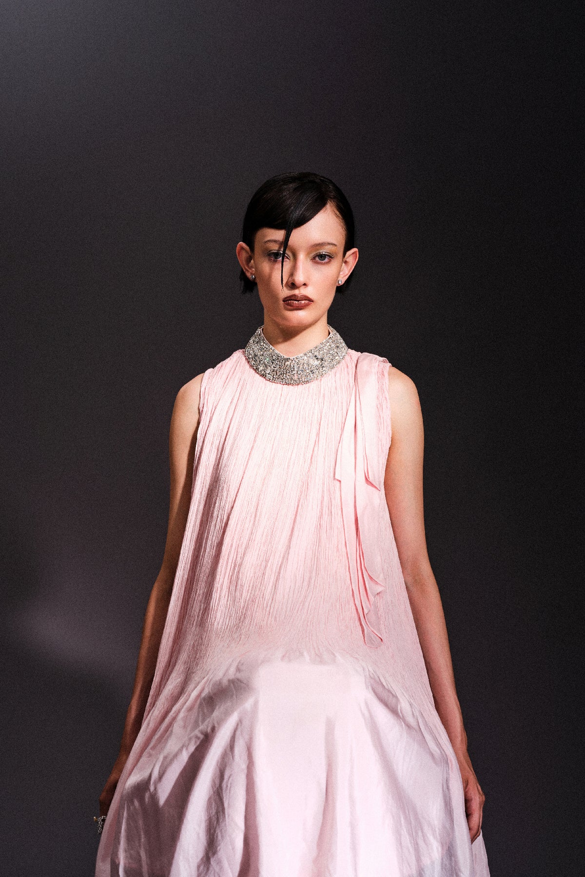 Baby Pink Crush Silk Dress With Embellished Neckline