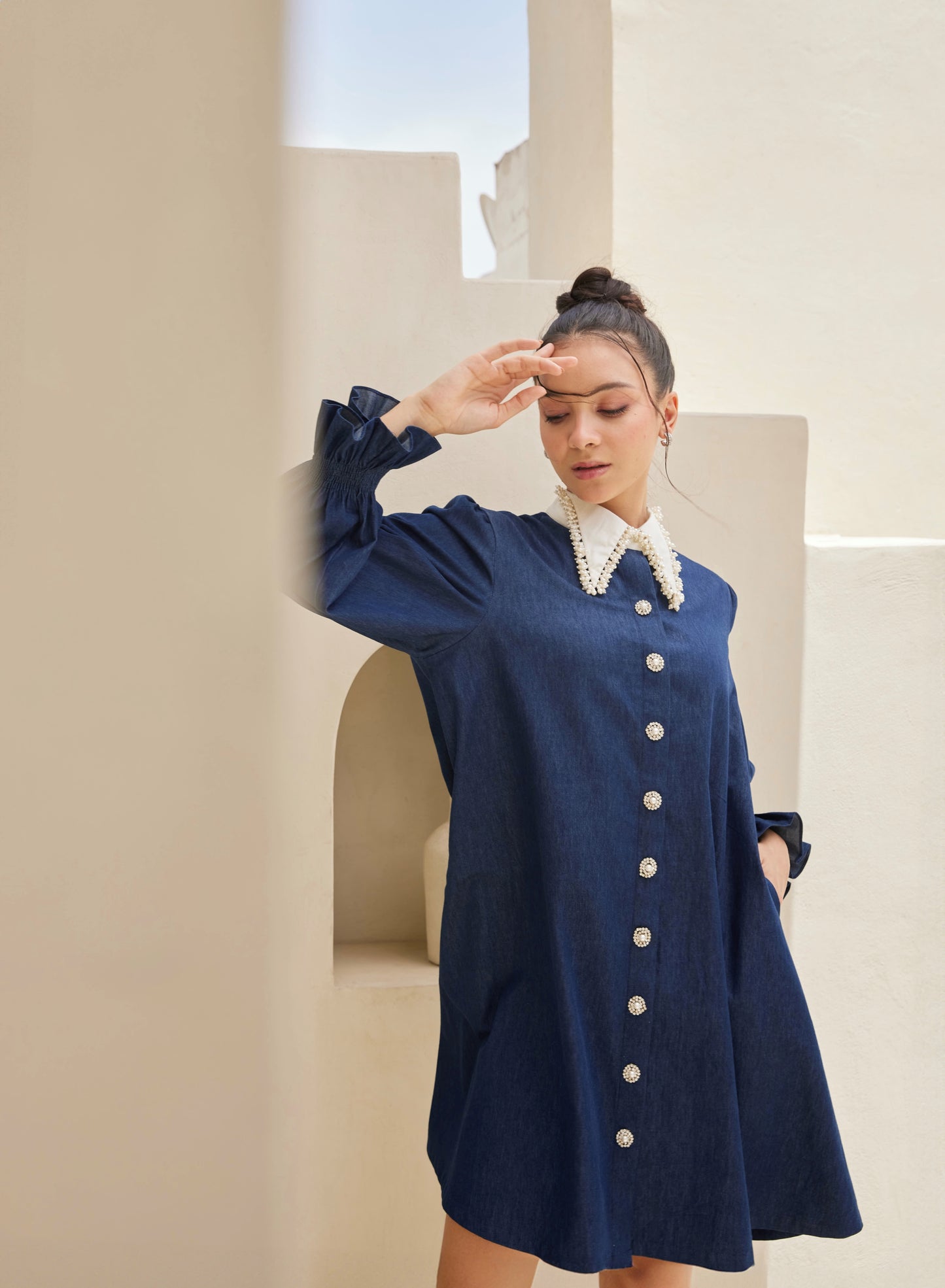 Peter Pan Embellished Collar Denim Dress