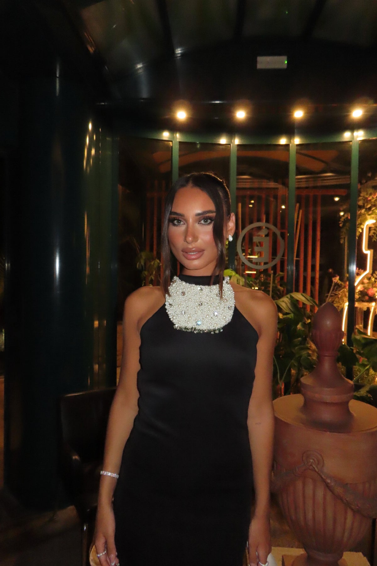 Pearl Neckpiece Long Scuba Halter Dress With Long Bow