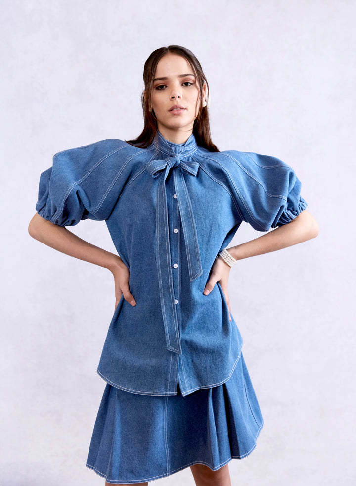 Bow Tie Lantern Denim Shirt & Box Pleat Denim Skirt