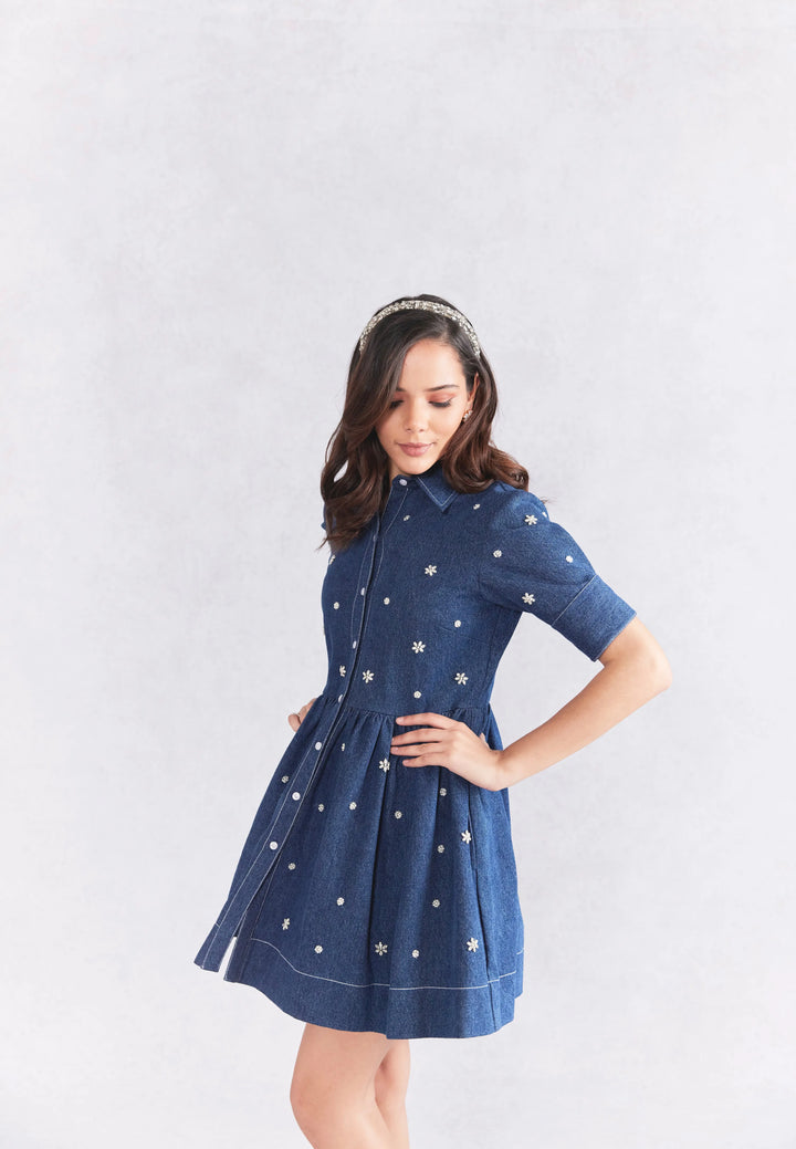 Fit And Flare Embellished Denim Dress