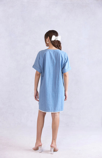 Lace Up Shift Midi Denim Dress
