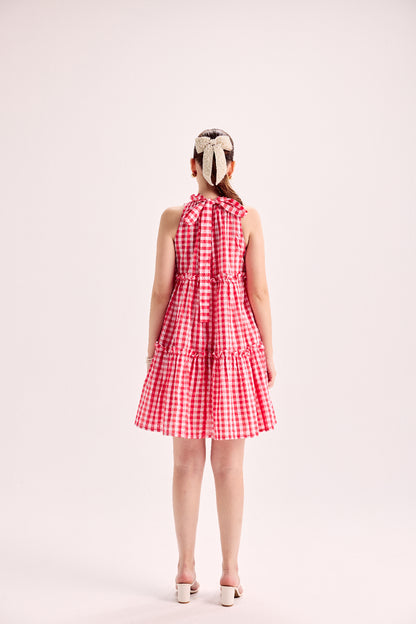 Redtiered Flare Dress With Embellished Flower