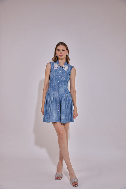 Corset Drop Waist Cherry Embellished Collar Denim Dress
