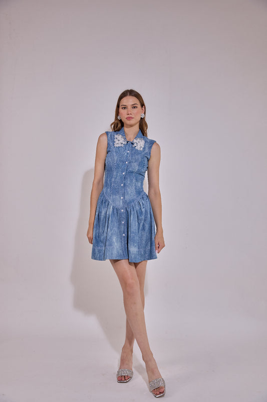 Corset Drop Waist Cherry Embellished Collar Denim Dress