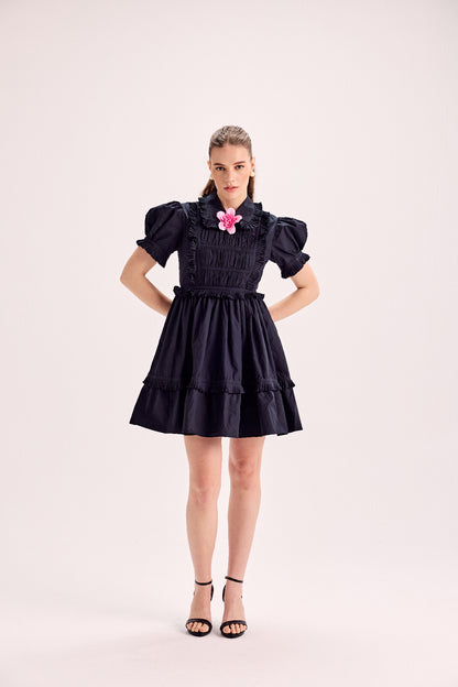 Puff Sleeve Ruffle Mini Dress With Mounted Flower