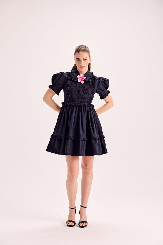 Puff Sleeve Ruffle Mini Dress With Mounted Flower