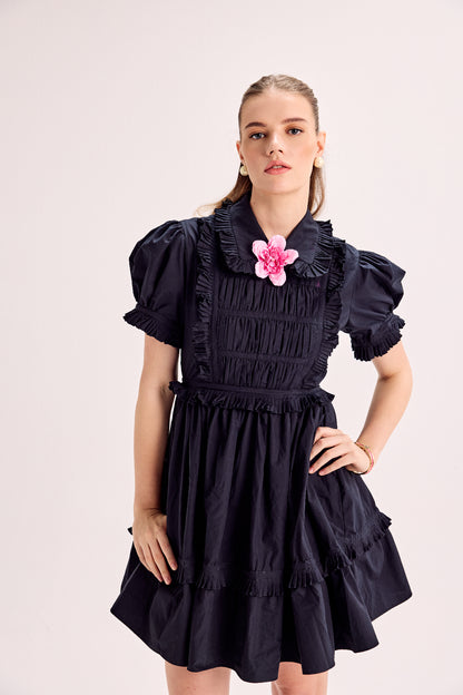 Puff Sleeve Ruffle Mini Dress With Mounted Flower