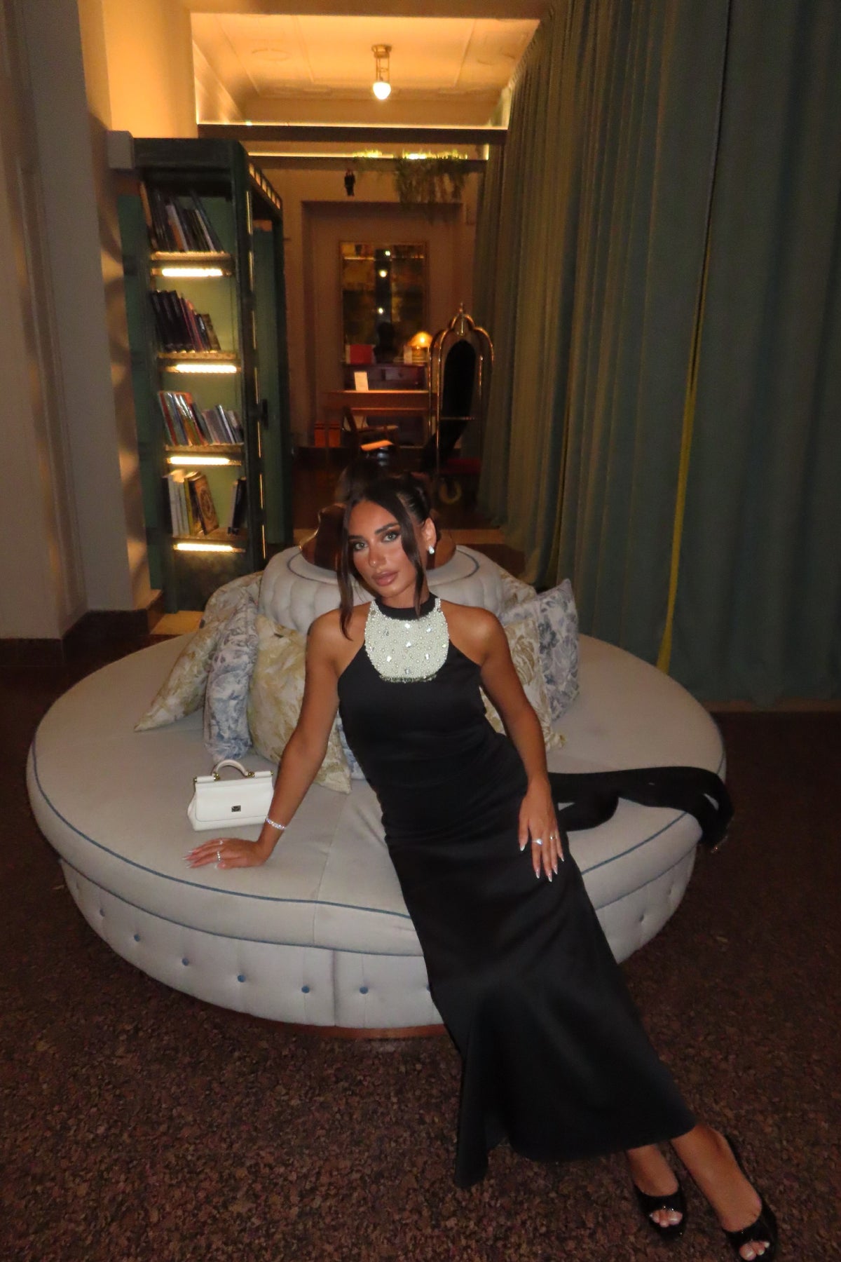 Pearl Neckpiece Long Scuba Halter Dress With Long Bow