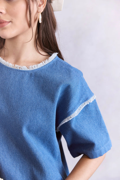 Oversized Frayed Denim Midi Dress