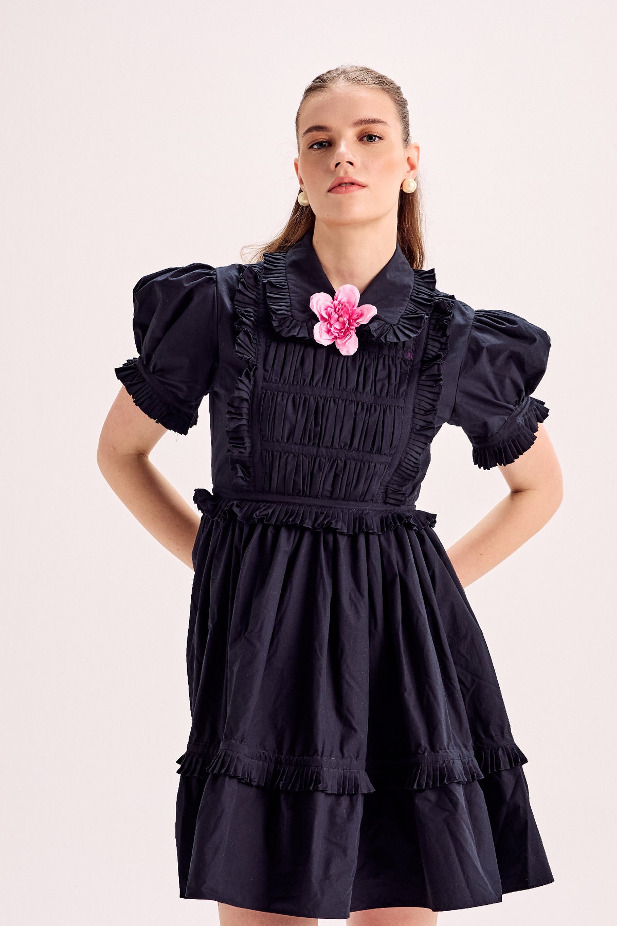 Puff Sleeve Ruffle Mini Dress With Mounted Flower