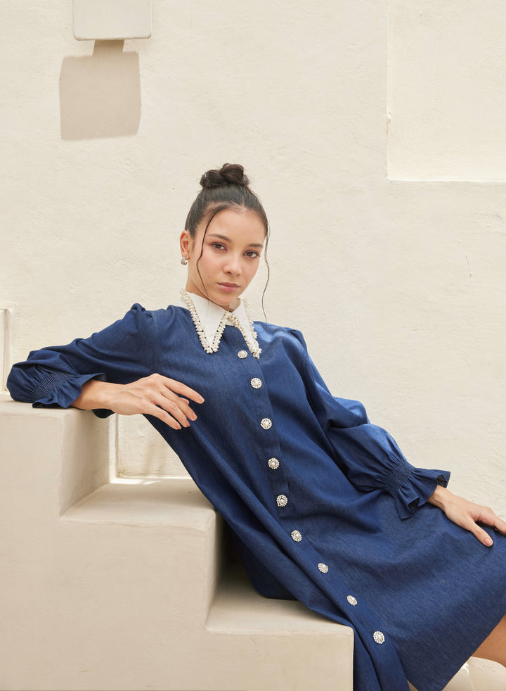 Peter Pan Embellished Collar Denim Dress