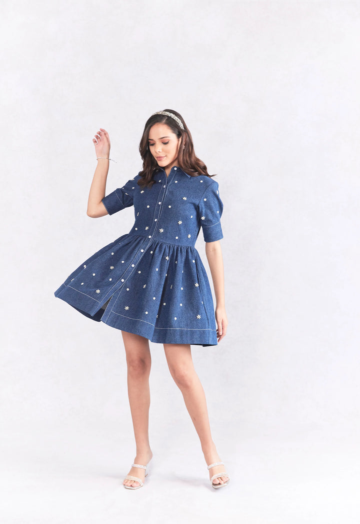 Fit And Flare Embellished Denim Dress