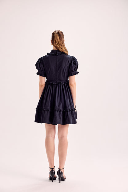 Puff Sleeve Ruffle Mini Dress With Mounted Flower
