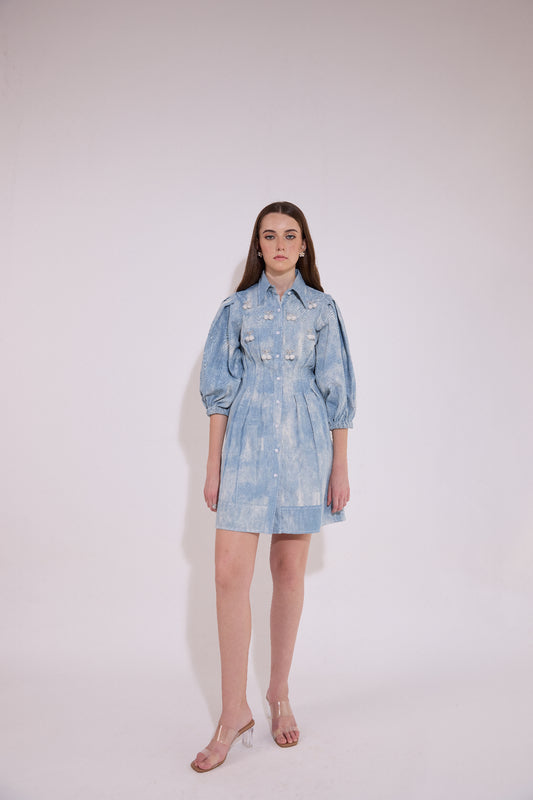 Cinched Pleated Waist Cherry Embellished Denim Dress