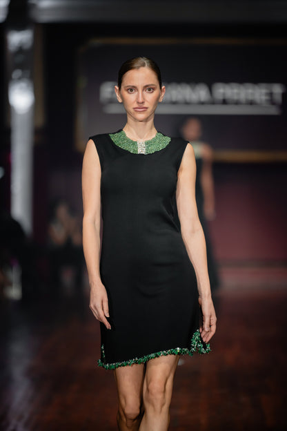 Embroidered Necklace Cut Sleeve Shift Short Scuba Dress With Side Slits