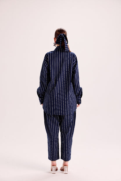 Navy Blue And White Double Striped Button Down Shirt With Elasticated Pants Paired With Bralette