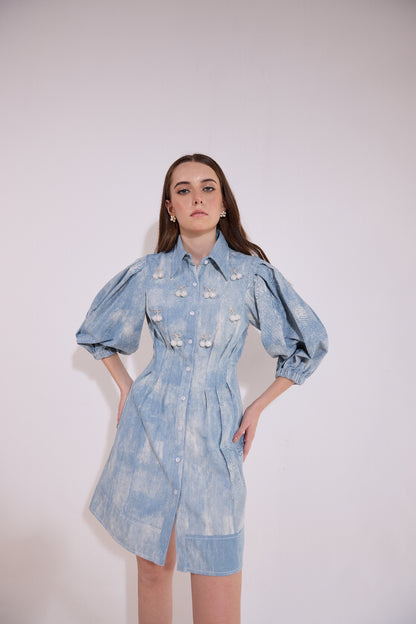 Cinched Pleated Waist Cherry Embellished Denim Dress