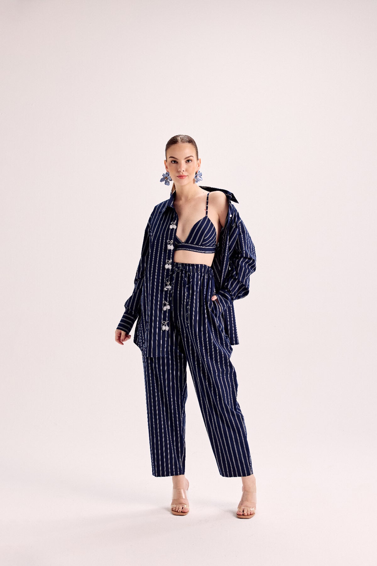 Navy Blue And White Double Striped Button Down Shirt With Elasticated Pants Paired With Bralette
