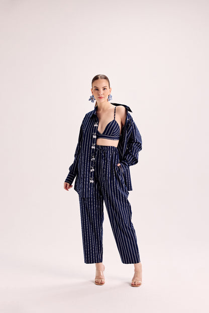 Navy Blue And White Double Striped Button Down Shirt With Elasticated Pants Paired With Bralette
