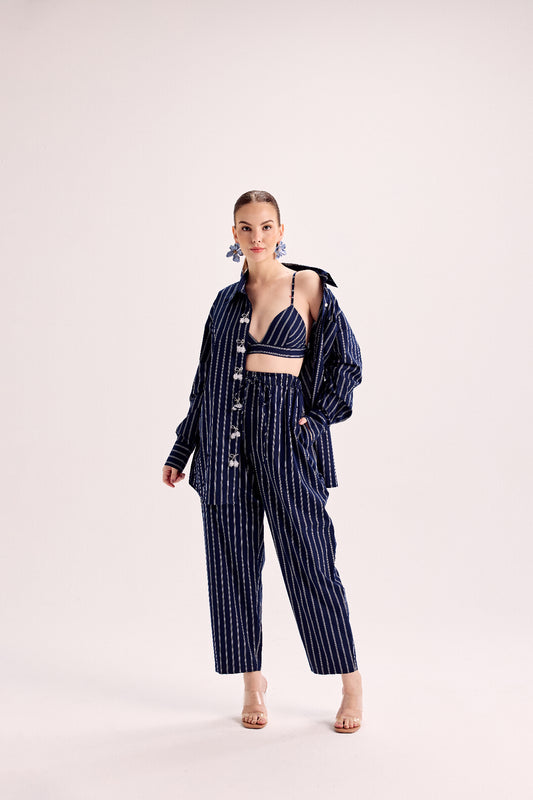 Navy Blue And White Double Striped Button Down Shirt With Elasticated Pants Paired With Bralette