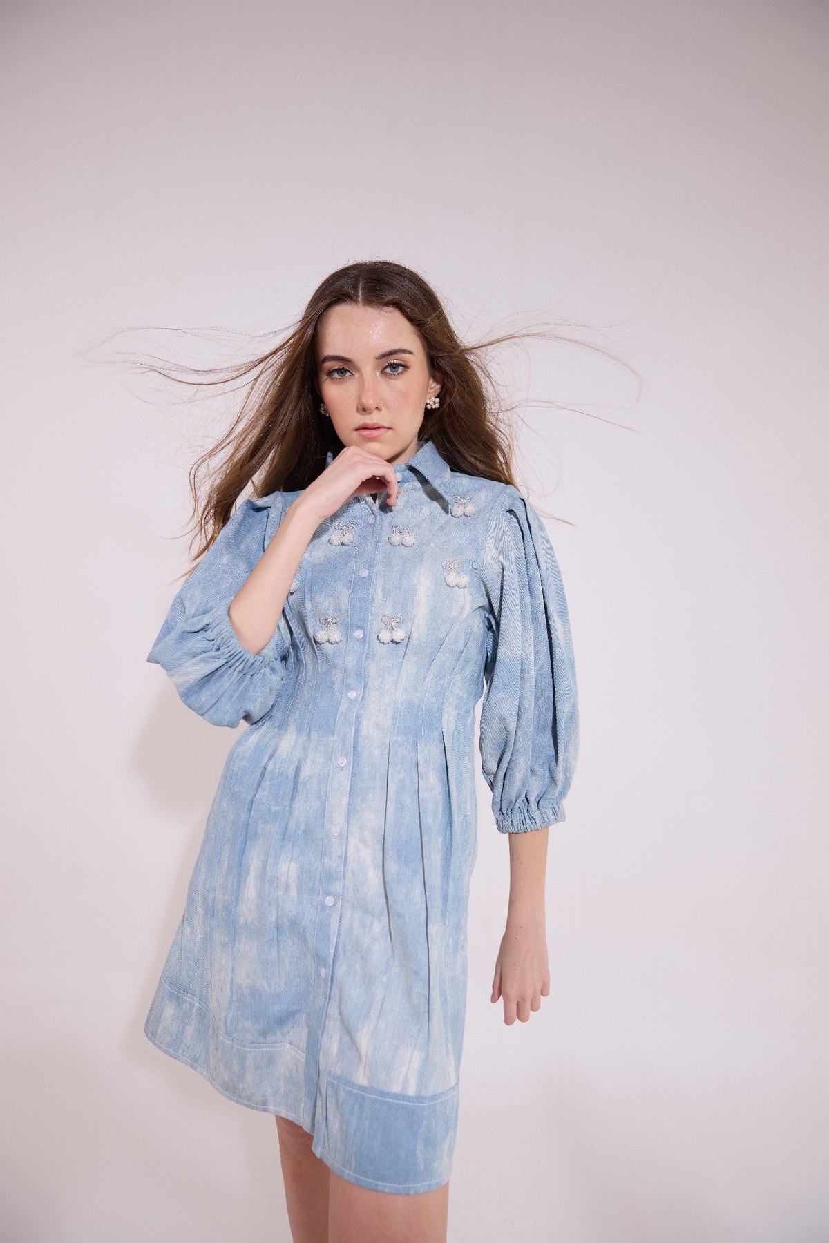 Cinched Pleated Waist Cherry Embellished Denim Dress