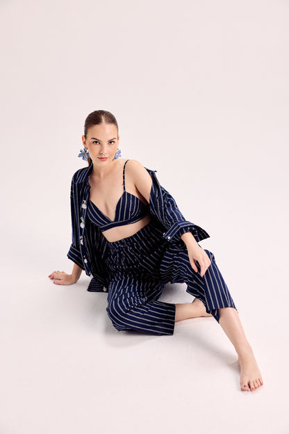 Navy Blue And White Double Striped Button Down Shirt With Elasticated Pants Paired With Bralette