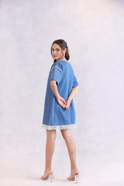 Oversized Frayed Denim Midi Dress