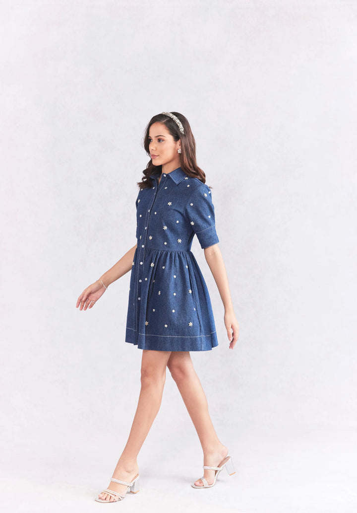 Fit And Flare Embellished Denim Dress