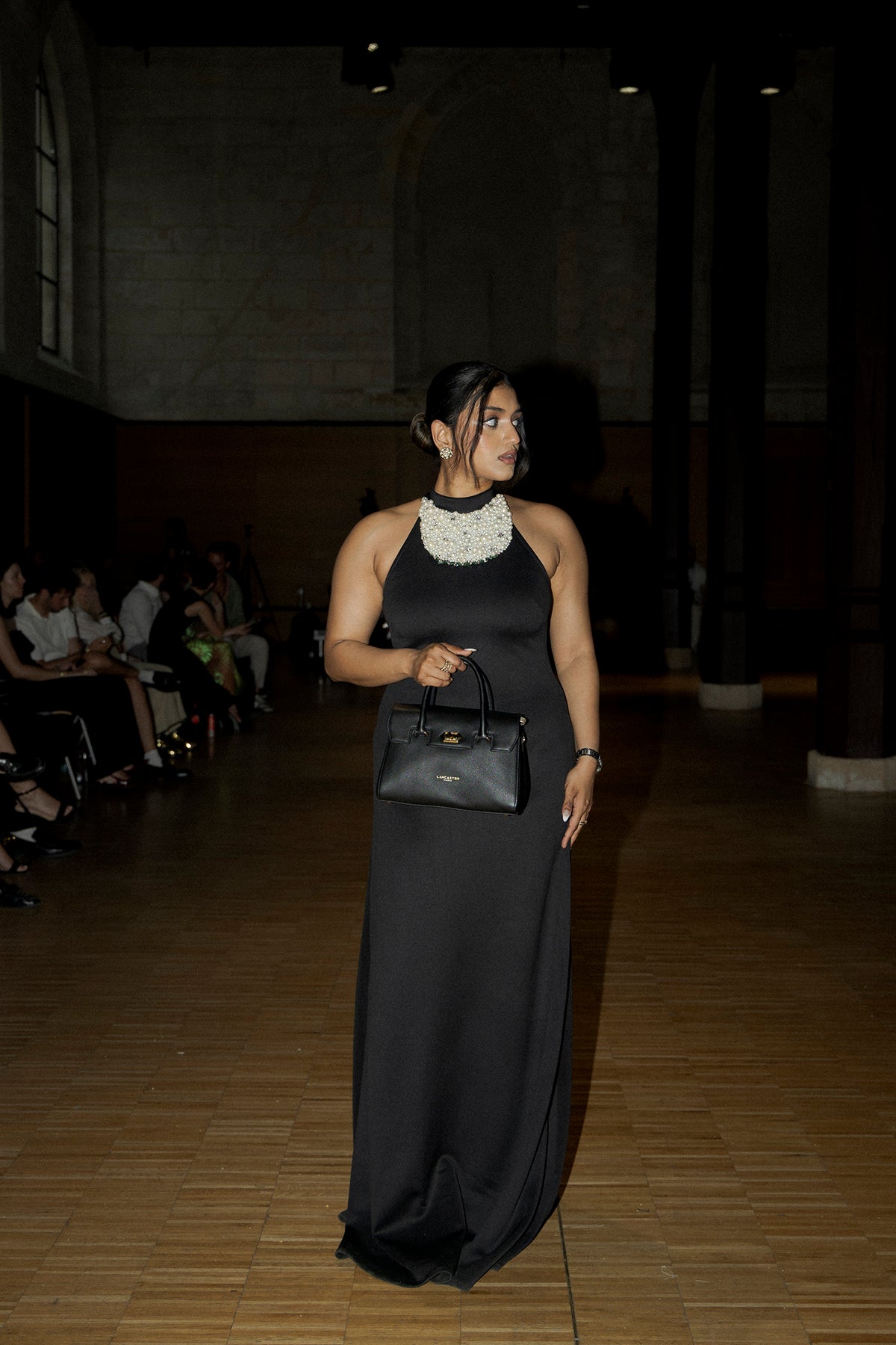 Pearl Neckpiece Long Scuba Halter Dress With Long Bow