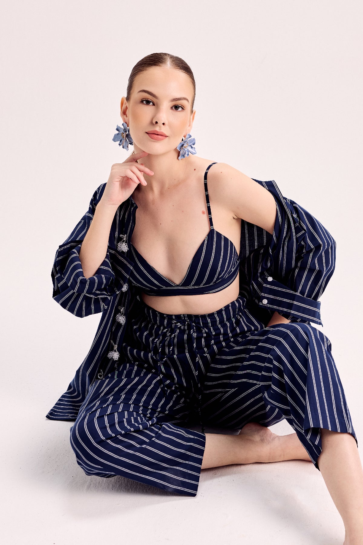 Navy Blue And White Double Striped Button Down Shirt With Elasticated Pants Paired With Bralette