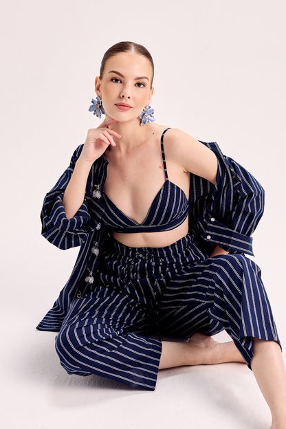 Navy Blue And White Double Striped Button Down Shirt With Elasticated Pants Paired With Bralette