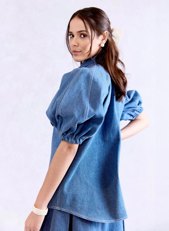 Bow Tie Lantern Denim Shirt & Box Pleat Denim Skirt