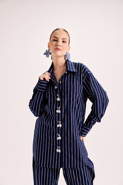 Navy Blue And White Double Striped Button Down Shirt With Elasticated Pants Paired With Bralette