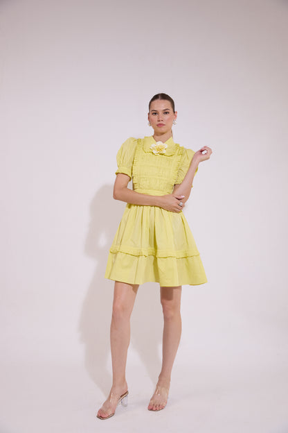 Butter Yellow Tiered Flare Dress With Embellished Flower