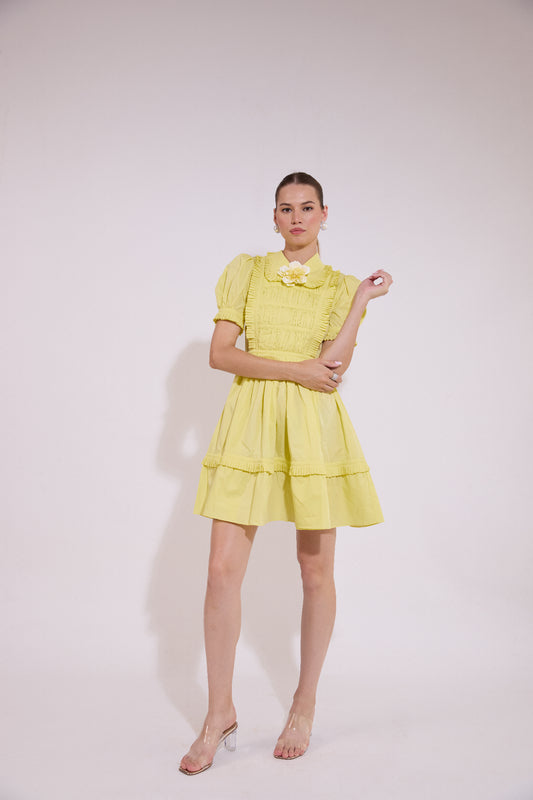 Butter Yellow Tiered Flare Dress With Embellished Flower