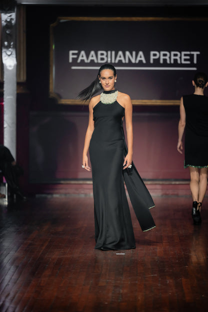 Pearl Bib Neck Halter Gown