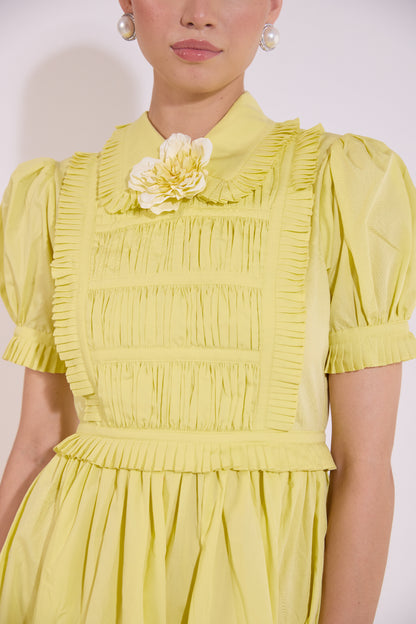Butter Yellow Tiered Flare Dress With Embellished Flower